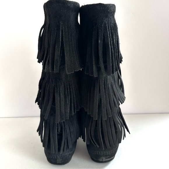 MINNETONKA SUEDE BLACK 3-LAYER FRINGE PULL-ON TALL BOOTS MOCCASINS EUC! Sz8 - Picture 7 of 12